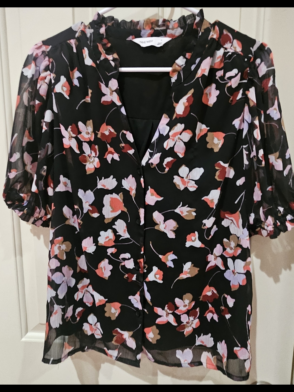Nine West Black Floral Puff-Sleeve V-Neck Blouse Women Size Large
